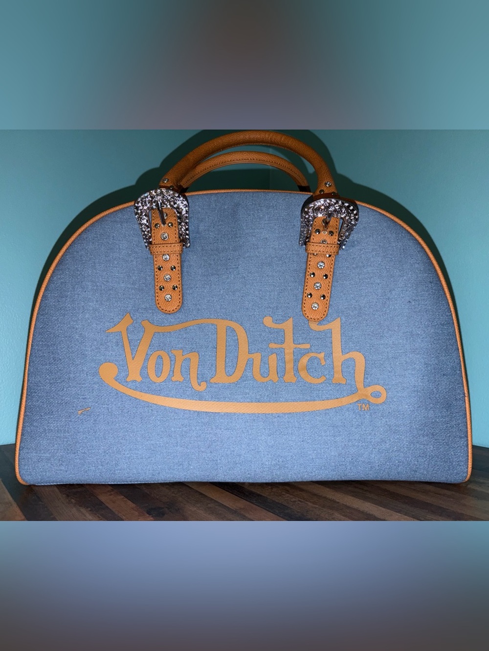 New Von Dutch Denim Duffle Bag with Tan Accents. NWOT